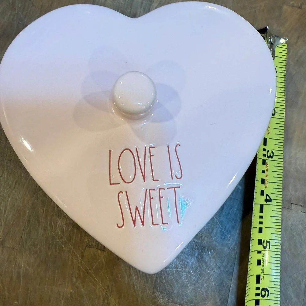 Rae Dunn Pink Heart Shaped Trinket Box “Love is Sweet” jewelry Dish with Lid